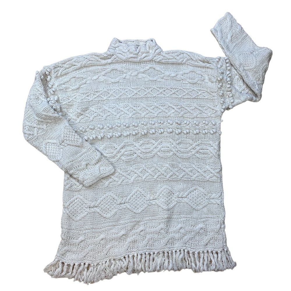 Style New York Hand Cable Knit Sweater Dress Fisherman Fringe Coastal Luxe-M - Picture 6 of 10